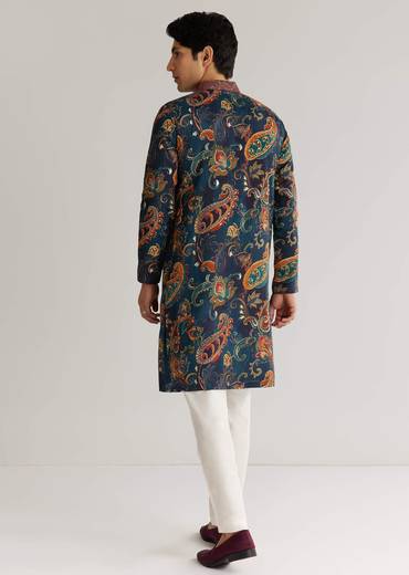Navy Blue Silk Resham Embroidered Kurta Set With Paisley Prints