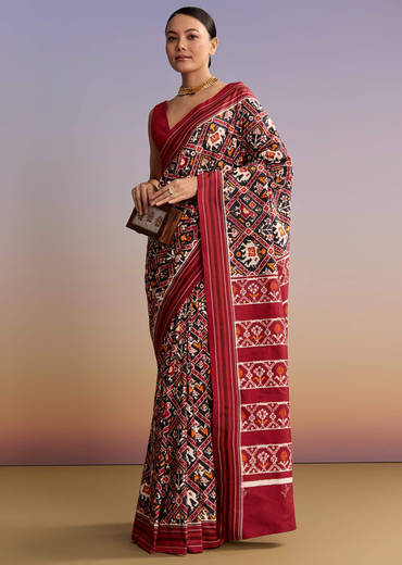 Navy Blue Silk Single Ikkat Handwoven Patola Saree With Animal Motifs