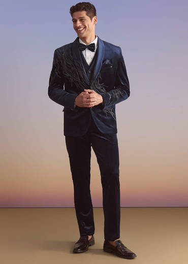 Navy Blue Velvet Tuxedo For Men With Intricate Hand Work