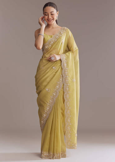 Ochre Yellow Tissue Saree With Zardosi And Stone Embroidery