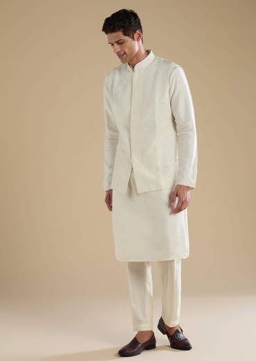 Off White Banarasi Silk Jacket Kurta Set with Cutdana Work