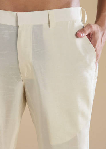 Off White Banarasi Silk Jacket Kurta Set with Cutdana Work