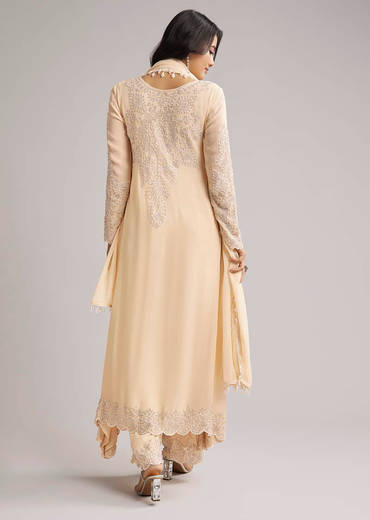 Off White Beaded Kurti Pant Set With Dupatta