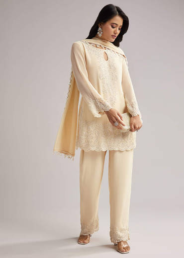 Off White Beaded Short Kurti Pant Set With Dupatta