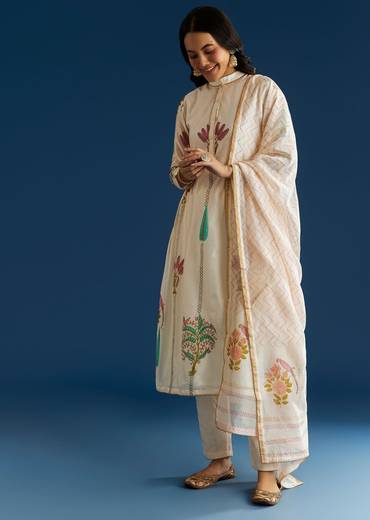 Off White Block Print Anarkali With Gotta Lace Neckline And Dupatta