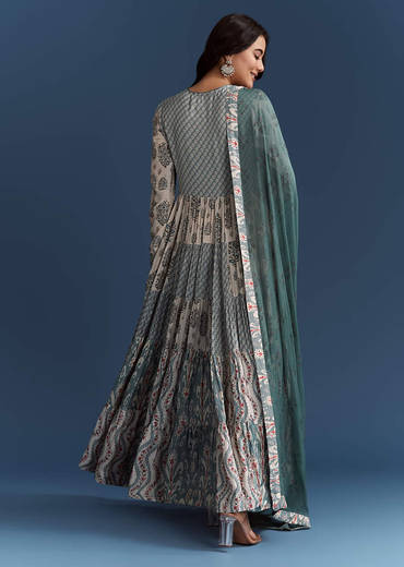 Off White Blue Printed Muslin Anarkali With Dupatta