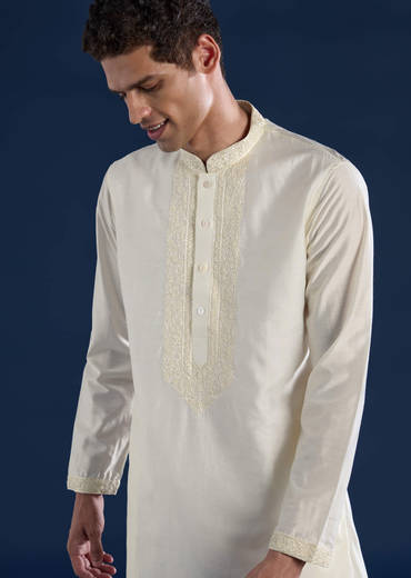 Off White Chanderi Kashmiri Work Mens Kurta and Pant Set
