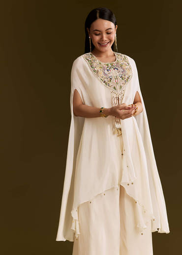 Off White Chinon Cape Suit With Zardosi And Moti Embroidery