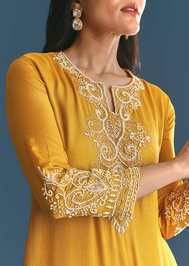 Off White Chinon Skirt Set With Yellow Moti Embroidered Kurta