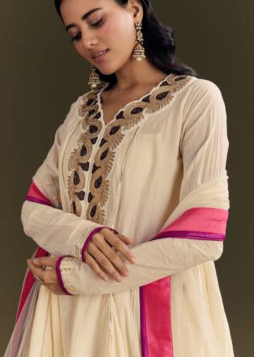 Off White Cora Cotton Asymmetrical Kurta Palazzo With Net Dupatta
