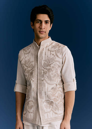 Off White Cotton Kurta Jacket Set With Embroidery