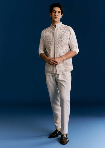 Off White Cotton Kurta Jacket Set With Embroidery