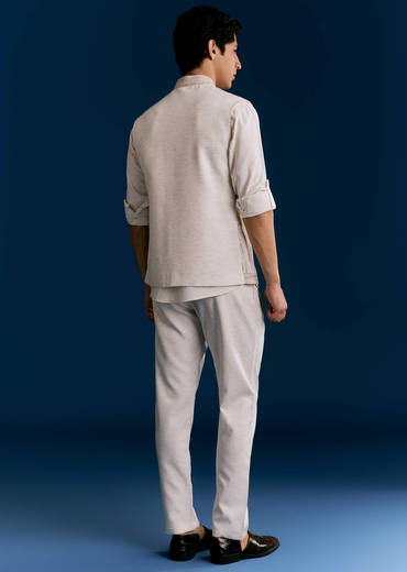 Off White Cotton Kurta Jacket Set With Embroidery