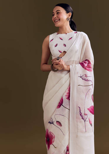 Off White Cotton Linen Saree With Artistic Floral Print