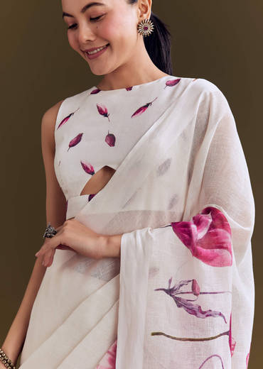 Off White Cotton Linen Saree With Artistic Floral Print