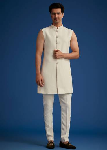 Off White Cotton Satin Sherwani Set With Embroidered Jacket
