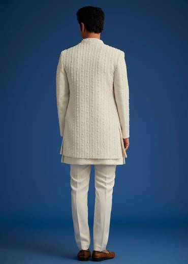 Off White Cotton Satin Sherwani Set With Hand Embroidered Jacket