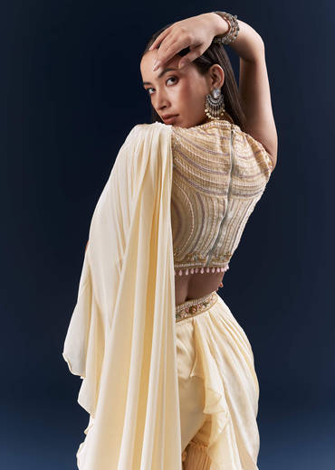 Off White Crepe Ready Pleated Saree With Heavy Hand Embroidery