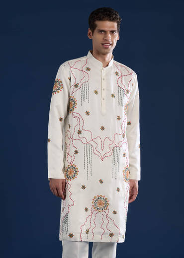 Off White Embroidered Mens Kurta Set with Bandhani Print Dupatta