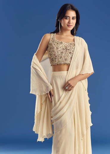 Off White Georgette Pre Draped Saree With Moti Zardosi Work