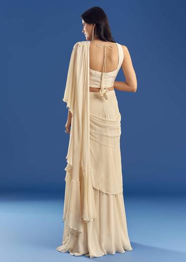 Off White Georgette Pre Draped Saree With Moti Zardosi Work