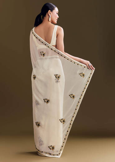 Off White Georgette Saree With Kashmiri Floral Embroidery
