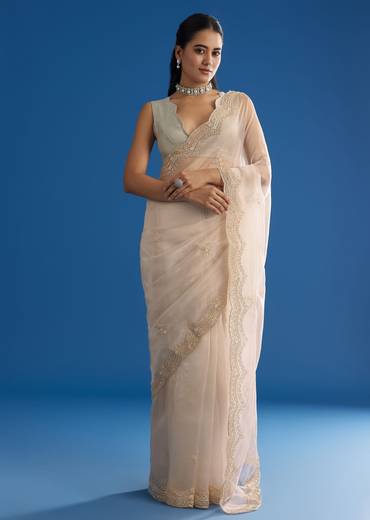 Off White Glass Tissue Saree With Embroidered Scallop Border