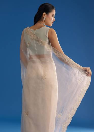 Off White Glass Tissue Saree With Embroidered Scallop Border