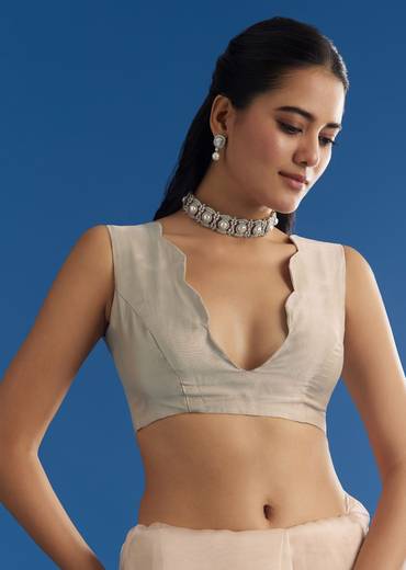 Off White Glass Tissue Saree With Embroidered Scallop Border