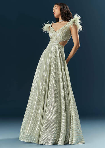 Off White Imported Lycra Bridal Gown With Heavy Embroidery And Feather Work