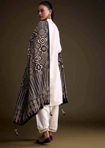 Off White Khadi Dhoti Suit With Black Hand Dyed Ajrakh Dupatta
