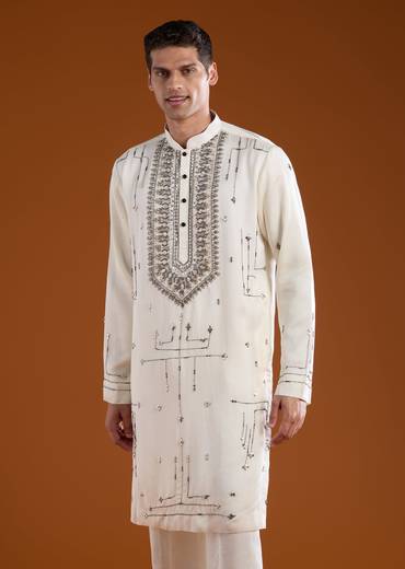 Off White Linen Mens Kurta Set with Dupatta