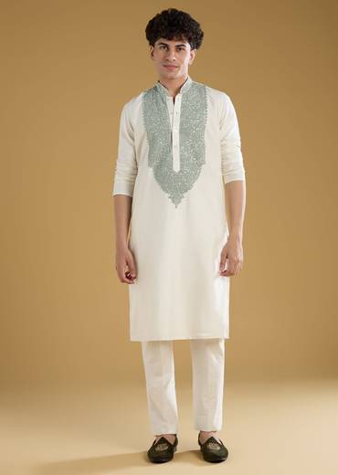 Off White Mens Kurta Set With Thread Work