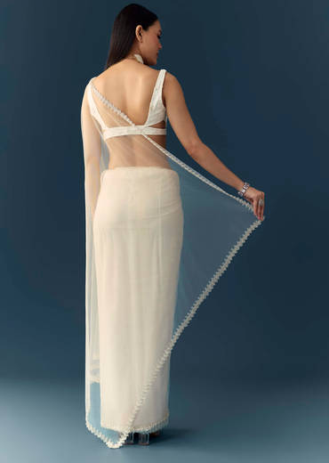 Off White Net Cutwork Border Saree with Unstitched Blouse