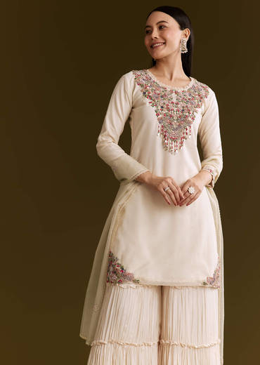 Off White Organza Embroidered Kurta Set With Dupatta