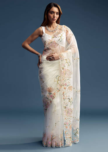 Off White Paper Tissue Saree With Floral Embroidery