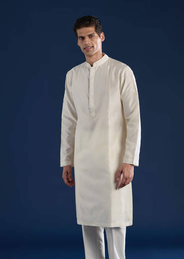 Off White Raw Silk Jacket and Kurta Set with Dori Work