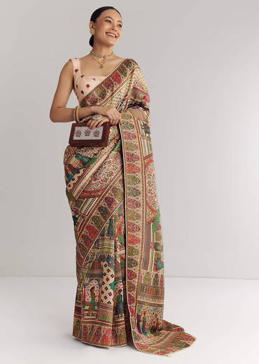 Off White Saree In Natural Traditional Prints