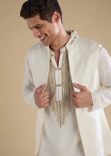 Off White Sequin Kurta and Jacket Set