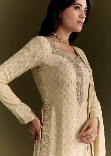 Off White Sequin Zardosi Kurta With Zari Badla Work Border Dupatta