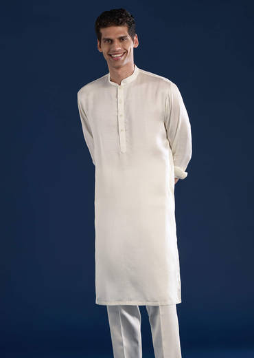 Off White Silk Jacket Kurta Set with Mirror Work