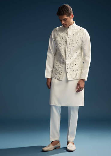 Off White Silk Kurta Jacket Set For Men With Abla Work
