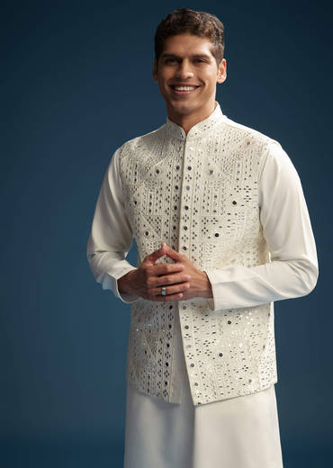 Off White Silk Kurta Jacket Set For Men With Abla Work