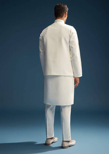Off White Silk Kurta Jacket Set For Men With Abla Work