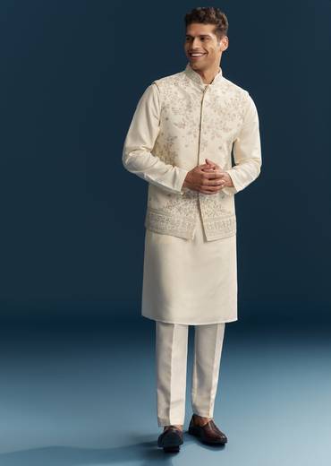 Off White Silk Kurta Jacket Set With Thread Work