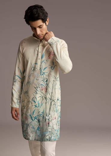 Off White Silk Kurta Set For Men With Botanical Garden Print