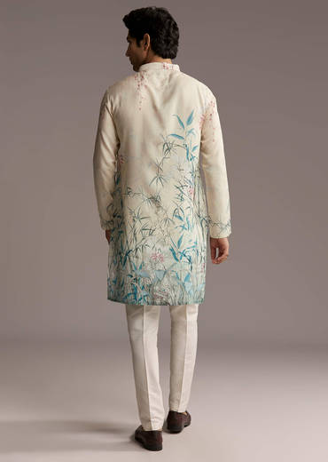Off White Silk Kurta Set For Men With Botanical Garden Print