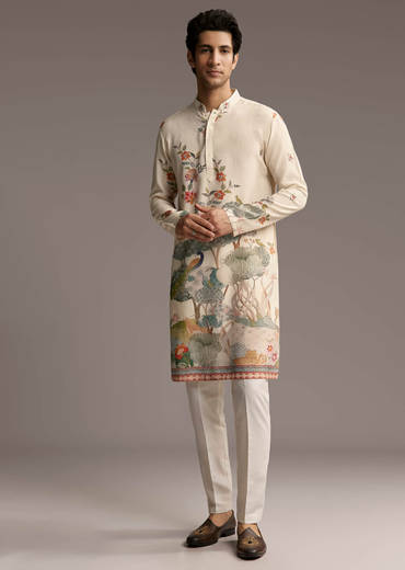 Off White Silk Kurta Set For Men With Scenic Nature Inspired Print