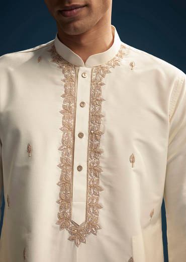 Off White Silk Kurta Set For Men With Zardosi And Aari Work