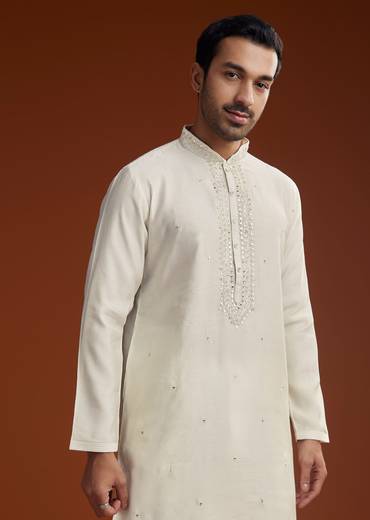 Off White Silk Kurta Set With Mirror Work